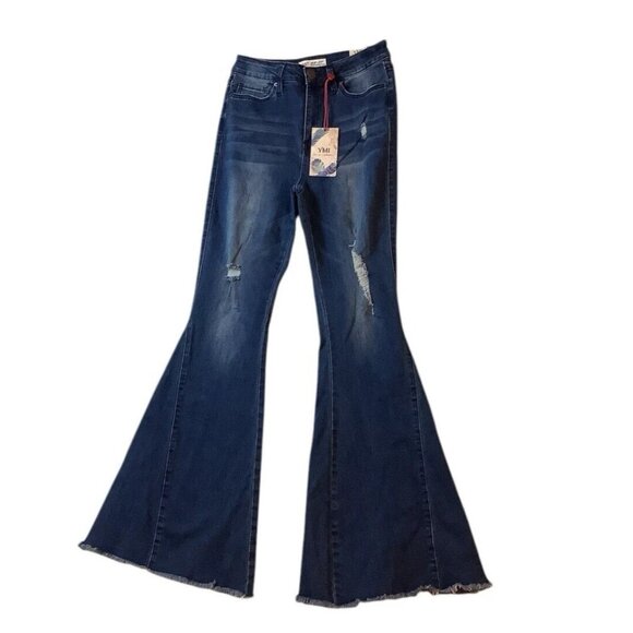 NWT YMI Jeans Gigi High Rise Fit To Twisted Flare Frayed Blue Womens Size 7/28 - Picture 1 of 10